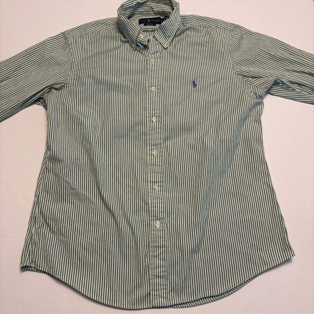 Ralph Lauren Button Down Shirt Mens L Green Striped Custom Fit Long Sleeve Pony